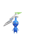 An animation of a Blue Pikmin with a Bridge Pin Badge from Pikmin Bloom
