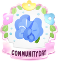 Community day badge, featuring artwork of a sweet pea.