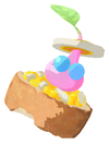 Lifelog artwork of a Winged Bakery Decor Pikmin with Rare Baguette decor from Pikmin Bloom.