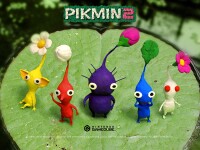 A promotional Pikmin 2 image, with all five main types of Pikmin on a lily pad.
