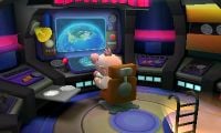 Captain Olimar sitting at his chair inside the S.S. Dolphin II, as the ship announces it has extended the jetpack's flight duration the second level.