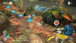 A promotional image for Pikmin 3 Deluxe, showing the use of some kind of Assist Mode to guide the player through the Twilight River. Compare to File:P3DX Prerelease Twilight River Arrows.jpg. From https://www.nintendolife.com/news/2020/08/pikmin_3_deluxe_19_glorious_screenshots_box_art_file_size_and_more_details