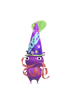 An animation of a Purple Pikmin with a Party Popper from Pikmin Bloom.