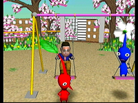 A Red Pikmin and Blue Pikmin at the playground swingsets in Stage Debut.