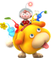 Artwork of Oatchi with the player character and Pikmin riding on his back.