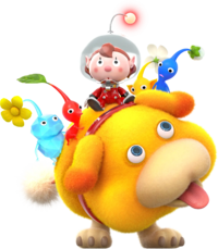 Official artwork of Oatchi with "You" and 4 Pikmin riding on his back.