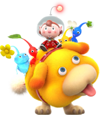 Official artwork of Oatchi with the rookie Rescue Officer and 4 Pikmin riding on his back.