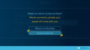 The Return to Surface menu accessed from a cave.