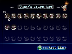 The menu for Olimar's voyage log in Pikmin.