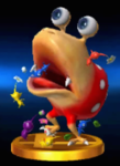 The trophy for a Bulborb in the 3DS version of Super Smash Bros. for Nintendo 3DS and Wii U, fighting Red Pikmin, Yellow Pikmin, Blue Pikmin, Purple Pikmin, and White Pikmin.