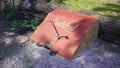 A red paper bag that has an Ice Pikmin walking down it. It's carrying the Floral Instigator.