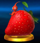 The trophy for a Red Pikmin in the 3DS version of Super Smash Bros. for Nintendo 3DS and Wii U, sliding down a Sunseed Berry.