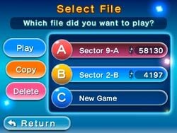 The saved game selection menu in Hey! Pikmin.