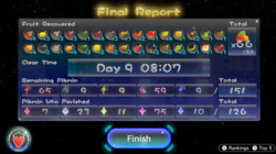Final Report of the first 9-day all-fruit run ever completed in Pikmin 3 Deluxe, by Ice cube.