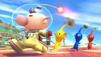 Captain Olimar and his Pikmin in the Town and City stage.