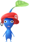 A Blue Special Decor Pikmin with Mario Hat decor from Pikmin Bloom.