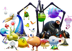 Artwork of a variety of enemies in Pikmin 4, from the Japanese "Pikmin Garden" website's Piklopedia section homepage.