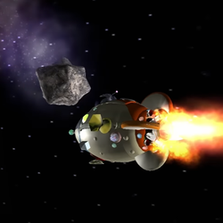 Screenshot of the opening cutscene of Pikmin, showing PNF-404's asteroid before collision with the S.S. Dolphin.