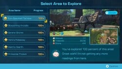 The area selection menu in Pikmin 4 with all areas 100% completed.