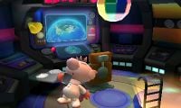 Captain Olimar drinking coffee inside the S.S. Dolphin II's cockpit, with the ship announcing it maximized the jetpack's duration.