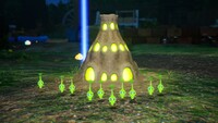 A screenshot from Pikmin 4 showing Glow Pikmin standing in front of a Luminol.
