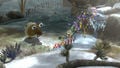The three captains approaching a Whiptongue Bulborb with an army of Pikmin in an icy area. Notice the Wogpoles in the pond in the back.
