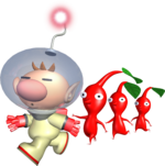 Captain Olimar guides three Red Pikmin in Pikmin.