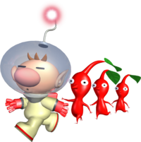 Captain Olimar guides three Red Pikmin in Pikmin.