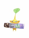 An animation of a Yellow Pikmin with a First Anniversary Snack from Pikmin Bloom