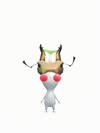 An animation of a White Pikmin with a Stag Beetle from Pikmin Bloom.