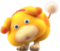 A staring, yellow-orange dog-like alien creature with a rotund body, 2 legs, bulging eyes and a fluffy tail that resembles a seeding dandelion flower. It also features a red collar and brown spots on its torso along with a lack of a nose on its snout.