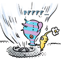 A dead Puffy Blowhog being held above an air vent by a Yellow Pikmin as seen in the "Puffy Blowhog" comic.