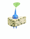An animation of a Blue Pikmin with a piece of cheese from Pikmin Bloom.