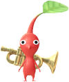 A Red Special Decor Pikmin with Tiny Instrument: Brass Band decor from Pikmin Bloom.