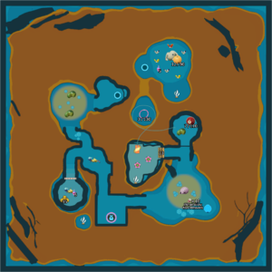Labeled map of sublevel 1 of the The Mud Pit. Numbers next to treasures indicate weight/Sparklium.