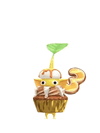 An animation of a Yellow Pikmin with a 3rd Anniversary Cupcake from Pikmin Bloom.