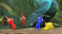 The Pikmin in Treasure in a Bottle laughing at the trapped Red Pikmin.