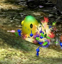 A screenshot of Blue Pikmin attacking a Yellow Wollyhop in Pikmin 2 (Nintendo Switch).