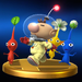 The trophy for Captain Olimar in the Wii U version of Super Smash Bros. for Nintendo 3DS and Wii U, followed by a Red Pikmin, Yellow Pikmin, and Blue Pikmin.