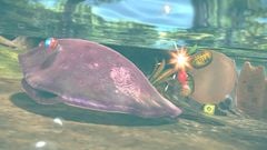 Red Pikmin fighting a Toady Bloyster underwater.