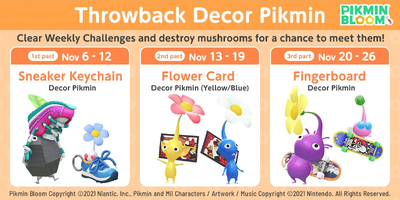 Schedule for the types of Special Decor Pikmin that were available during the 2nd Anniversary Throwback Event in Pikmin Bloom.