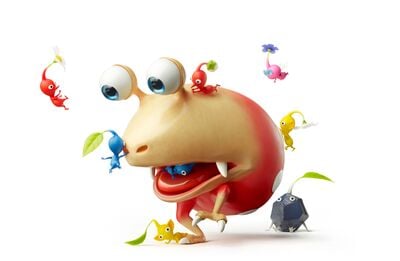 Artwork of Pikmin fighting a Bulborb, from the Nintendo UK Assets Library.