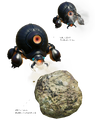 Renders of a Horned Cannon Beetle launching a boulder, from the Japanese Pikmin Garden website.