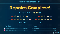 A screenshot from the final results menu of Pikmin 4's Olimar's Shipwreck Tale mode showing all 30 ship parts.