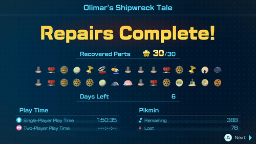 A screenshot from the final results menu of Pikmin 4's Olimar's Shipwreck Tale mode showing all 30 ship parts.