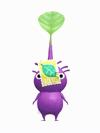 An animation of a Purple Pikmin with a Stamp from Pikmin Bloom.