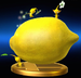 The trophy for Yellow Pikmin in Super Smash Bros. for Nintendo 3DS and Wii U, showing 3 Pikmin around a Face Wrinkler.