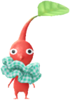 A red Decor Pikmin with the Clothing Store costume.