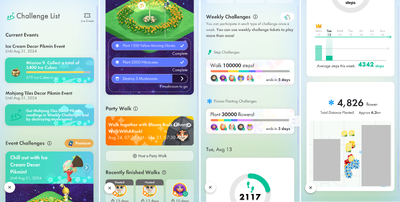 The Challenge List in Pikmin Bloom that shows the Events, Weekly challenges, Party Walks, Steps, and Flowers Planted.