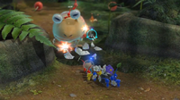 A Bulborb gets hit on the eye in Pikmin 3.